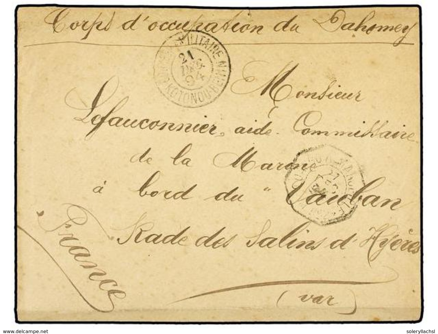 DAHOMEY. 1894 (Dec. 21). Stampless Military Concession Cover Endorsed 'Corps D'Occupation Du Dahomey', From The War Ship - Altri & Non Classificati