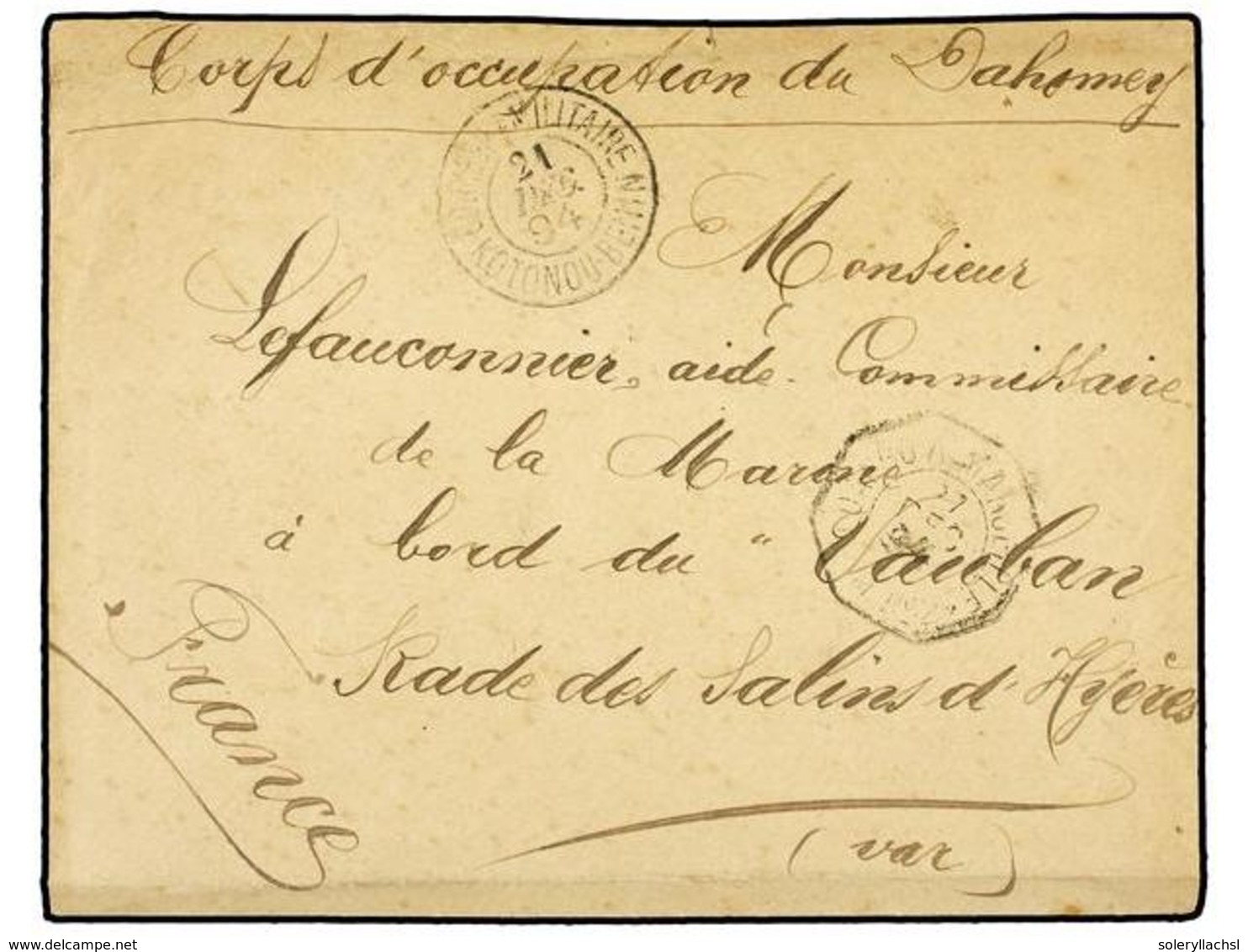 DAHOMEY. 1894 (Dec. 21). Stampless Military Concession Cover Endorsed 'Corps D'Occupation Du Dahomey', From The War Ship - Sonstige & Ohne Zuordnung