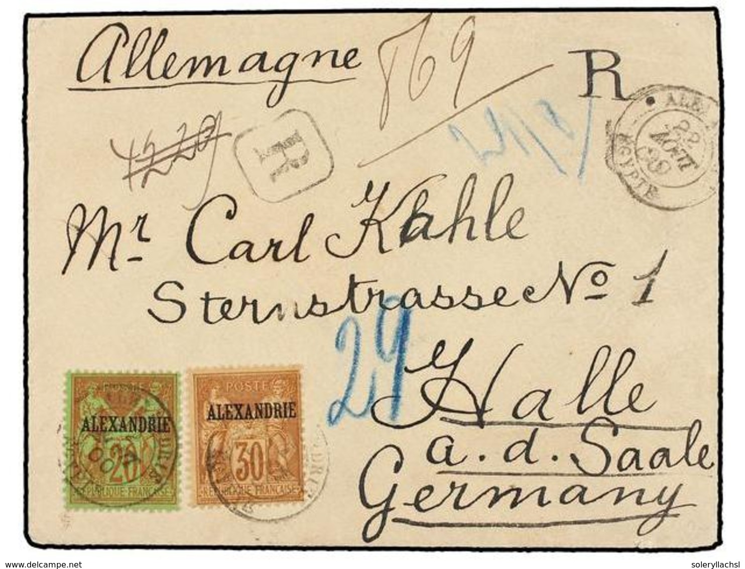 ALEJANDRIA. Yv.10, 12. 1903. ALEXANDRIE To GERMANY.  20 Cts.  And  30 Cts.  Registered Cover, Arrival On Reverse. - Andere & Zonder Classificatie