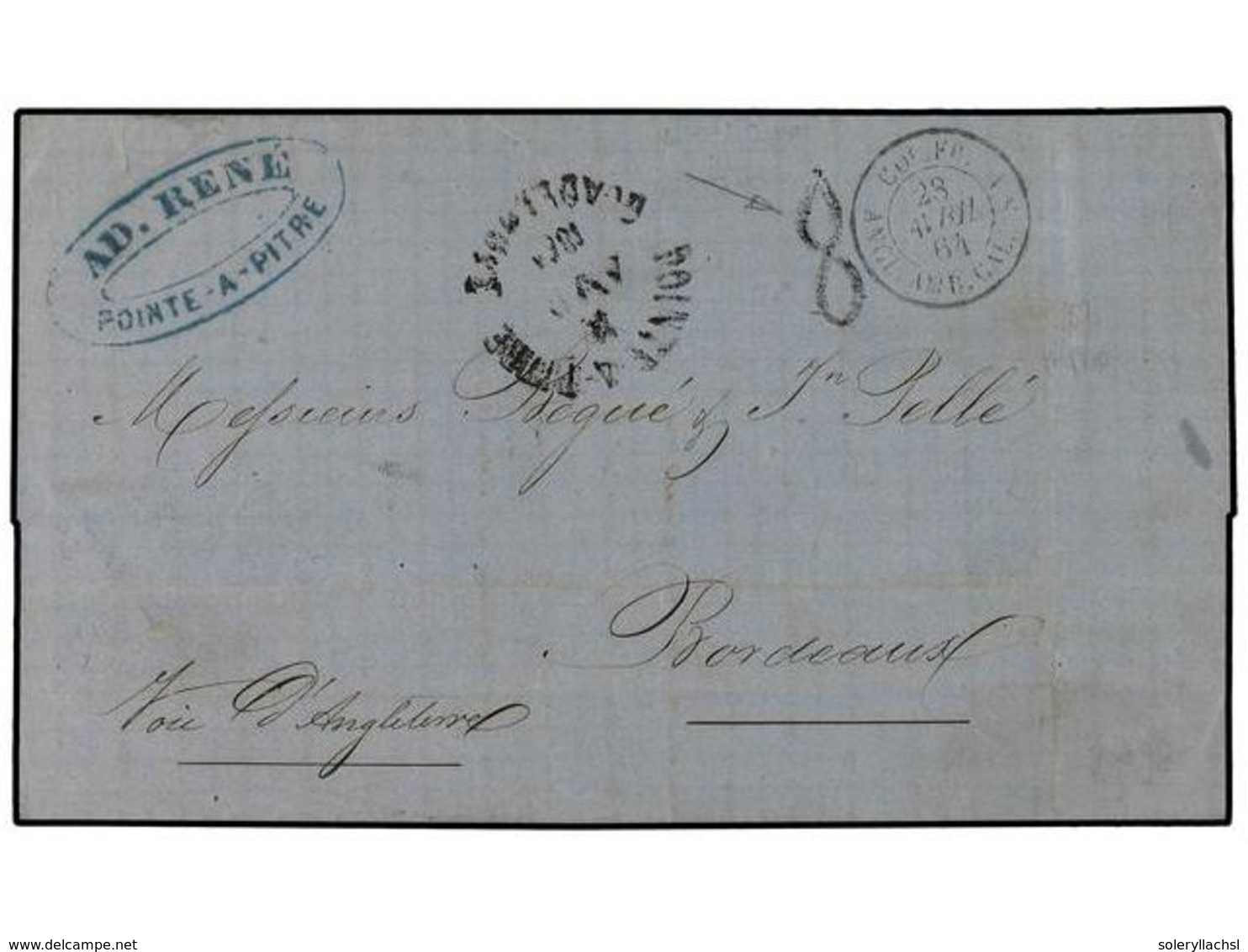 GUADALUPE. 1864. POINTE A PITRE A FRANCIA. Fechador  POINTE A PITRE/GUADALUPE  Y Tasa De Fabricación Local '8'. MUY RARA - Autres & Non Classés