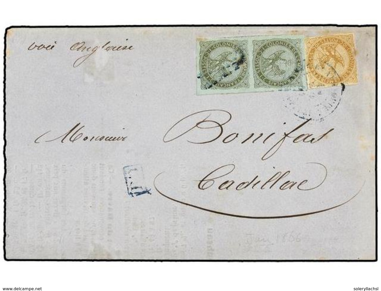 GUADALUPE. Sc.1, 3. 1866. Printed Matter Cover To CADILLAC (France) Bearing General Issues 1859-65 Eagle  1c.  Olive On  - Altri & Non Classificati