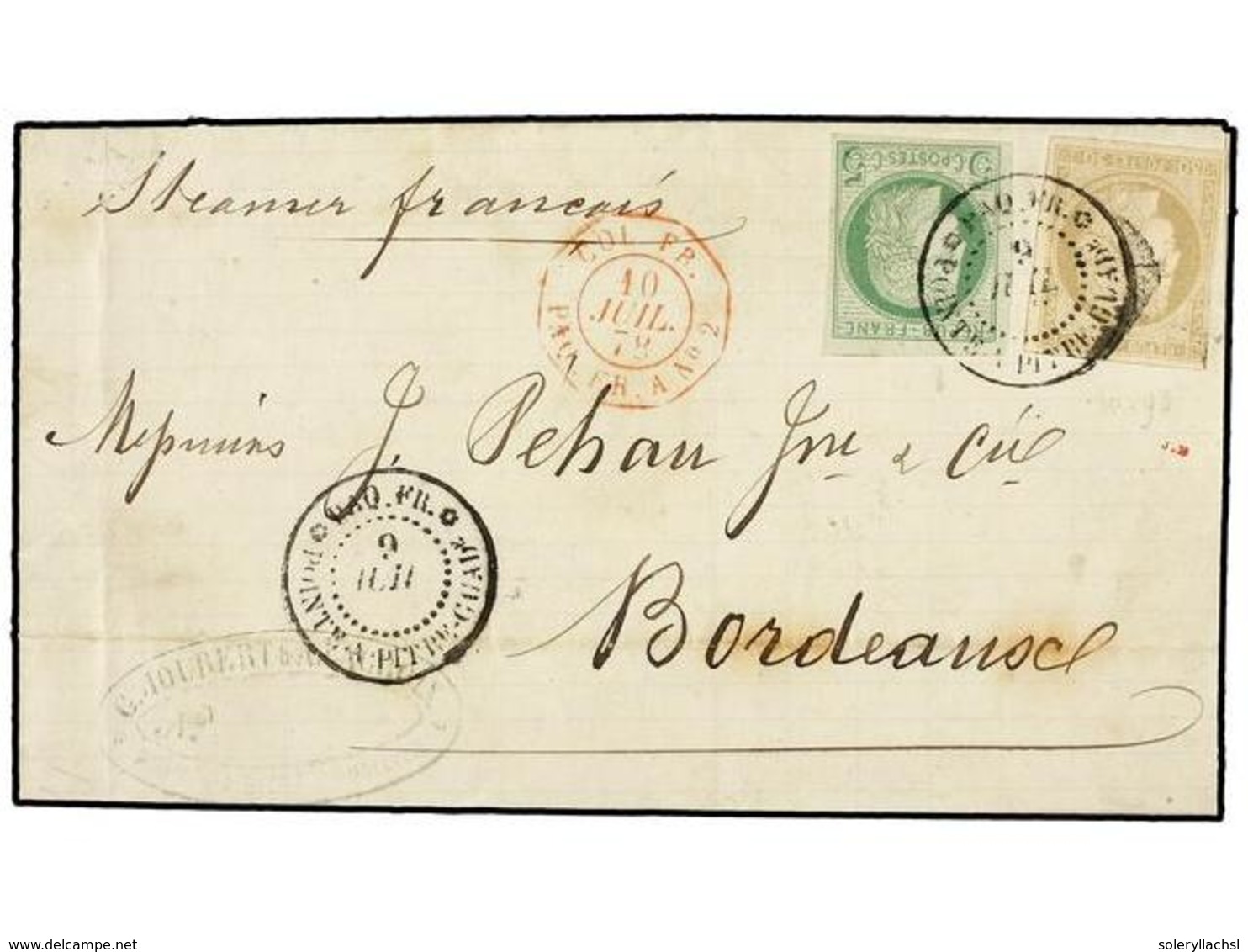 GUADALUPE. Ce.17+20. 1878 (July 9). Cover To BORDEAUX Franked By General Issues 1872-77  5c.  Green On Greenish And  30c - Altri & Non Classificati