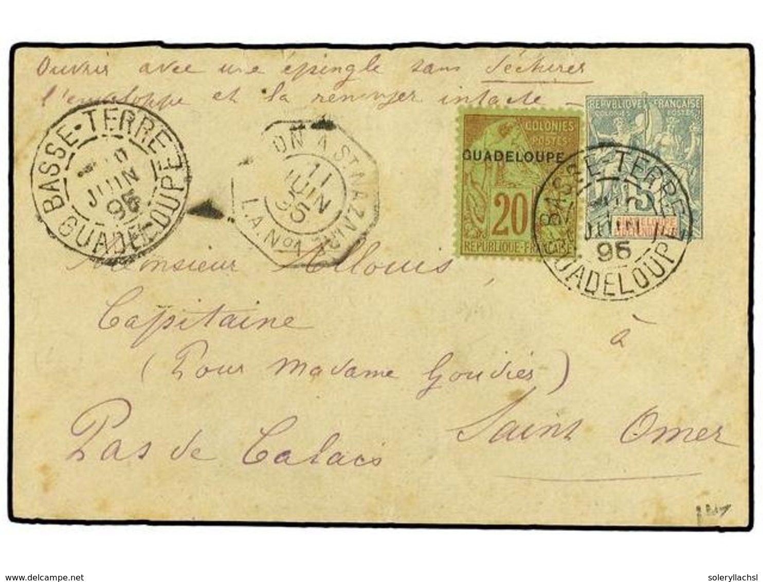 GUADALUPE. 1895. Postal Stationary Envelope  5 Cent  Green Upgraded With  20 Cent  Red/yellow (Yvert 20) Tied By  BASSE- - Sonstige & Ohne Zuordnung