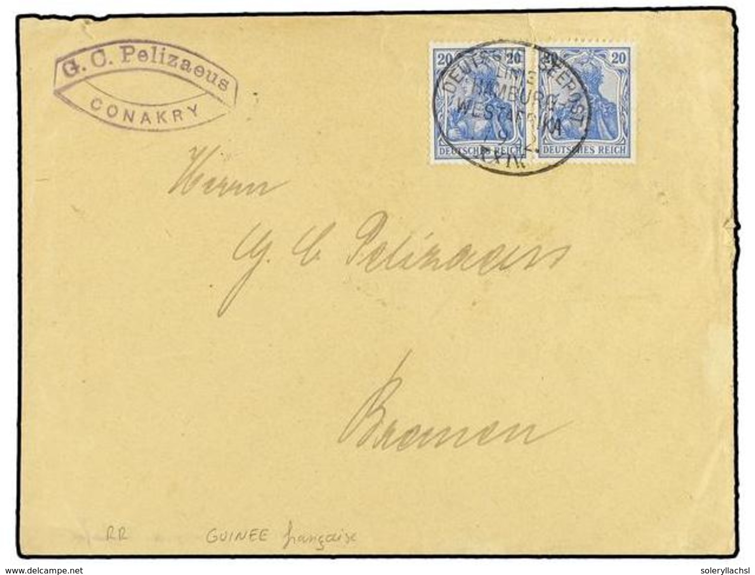 GUINEA FRANCESA. 1902 (Sept). Cover From CONAKRY To BREMEN Franked By Germany  20pf.  Ultramarine Horizontal Pair Tied B - Sonstige & Ohne Zuordnung