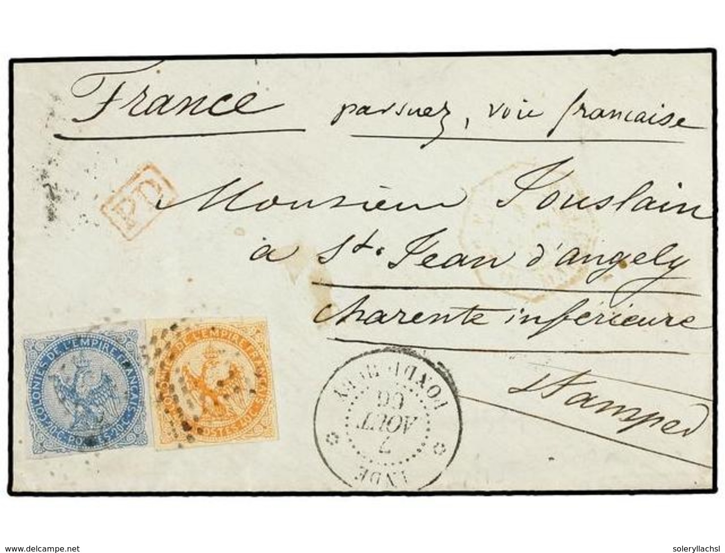 INDIA FRANCESA. 1866 (Aug 7). Cover To FRANCE From PONDICHERY Franked By 1859-65 Eagle  20 C.  Blue &  40 C.  Vermilion  - Sonstige & Ohne Zuordnung