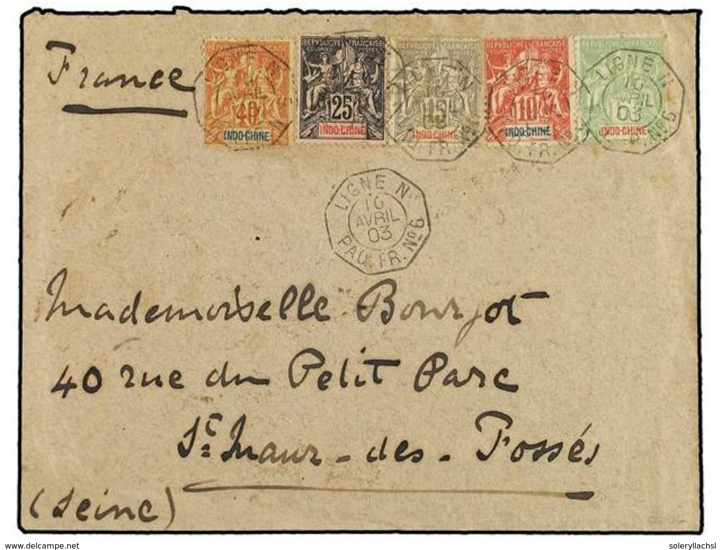 INDOCHINA. 1903 (April 10). Colourful Cover To FRANCE Bearing 1892-1900 Type Sage  5c.  Yellow Green,  10c.  Red,  15c.  - Sonstige & Ohne Zuordnung