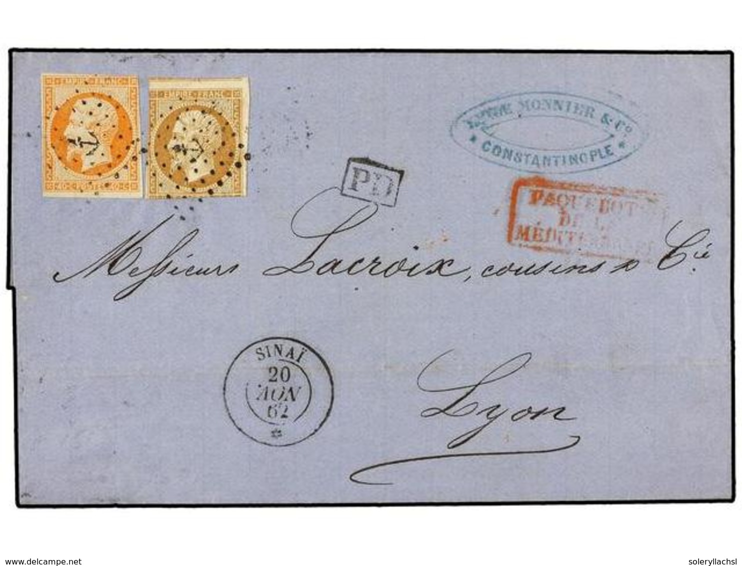 LEVANTE: CORREO FRANCES. 1862. CONSTANTINOPLA A LYON.  10 Cts.  Bistre Y  40 Cts.  Naranja. Mat.  ANCLA  Y Fechador  SIN - Autres & Non Classés