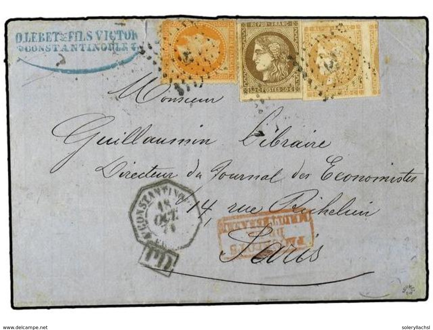 LEVANTE: CORREO FRANCES. Yv.31,43,47. 1871. CONSTANTINOPLA A PARIS.  10 Cts.  Bistre,  30 Cts.  Castaño   Y  40 Cts.  Na - Sonstige & Ohne Zuordnung