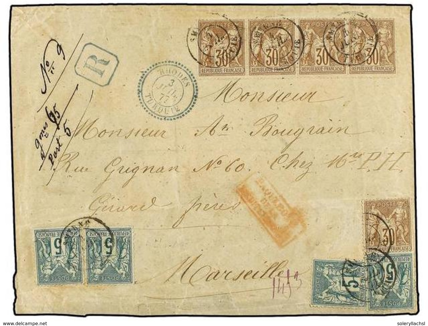 LEVANTE. 1877. RHODAS A MARSEILLE.  5 Cts.  Verde (3),  30 Cts.  Castaño (5). Mat. Fechador  SMYRNE/ TURQUIE.  CARTA CER - Andere & Zonder Classificatie