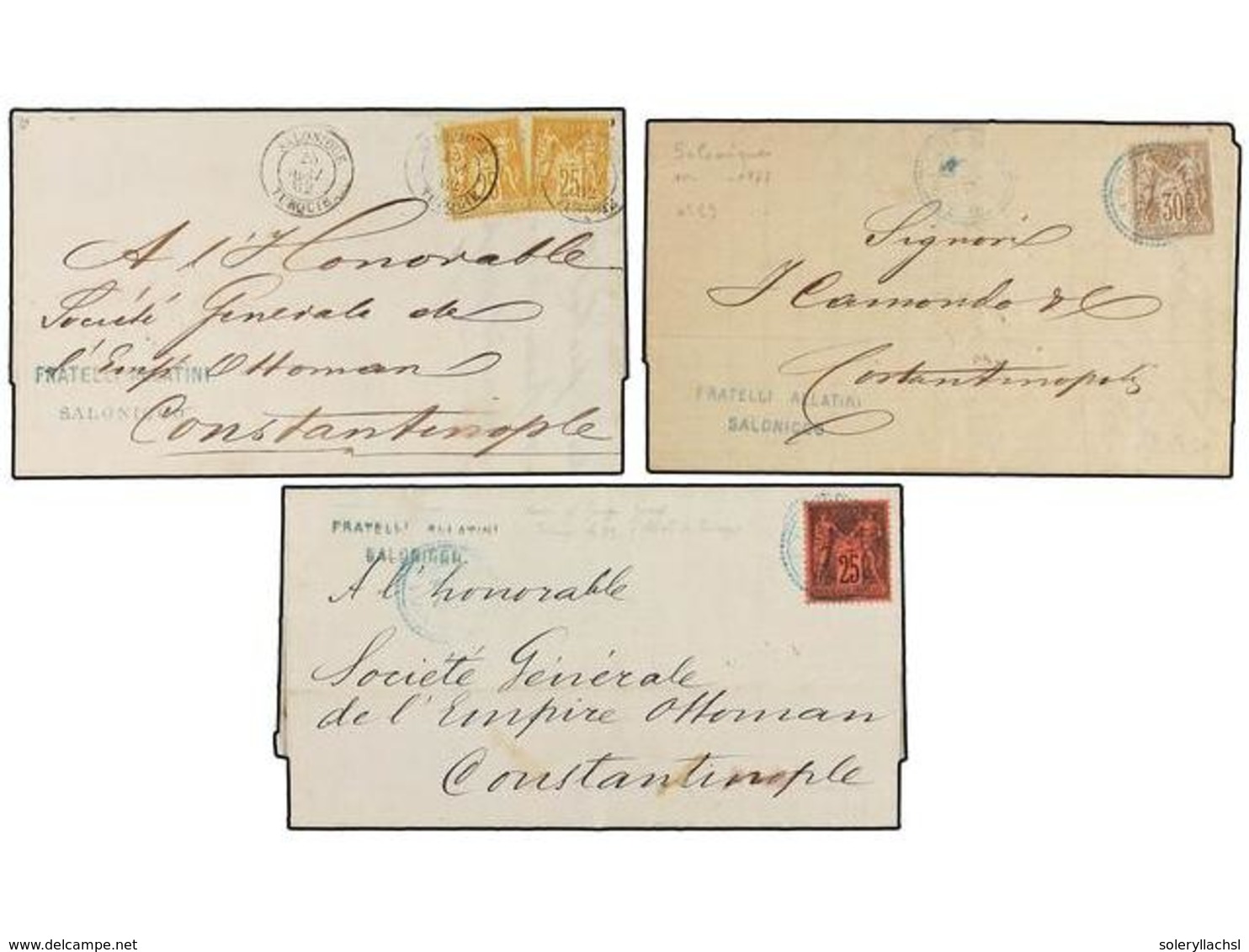 LEVANTE: CORREO FRANCES. 1877. Tres Cartas Circuladas De SALONICA A CONSTANTINOPLA Con Franqueos De  25 Cts.  Negro S. R - Altri & Non Classificati