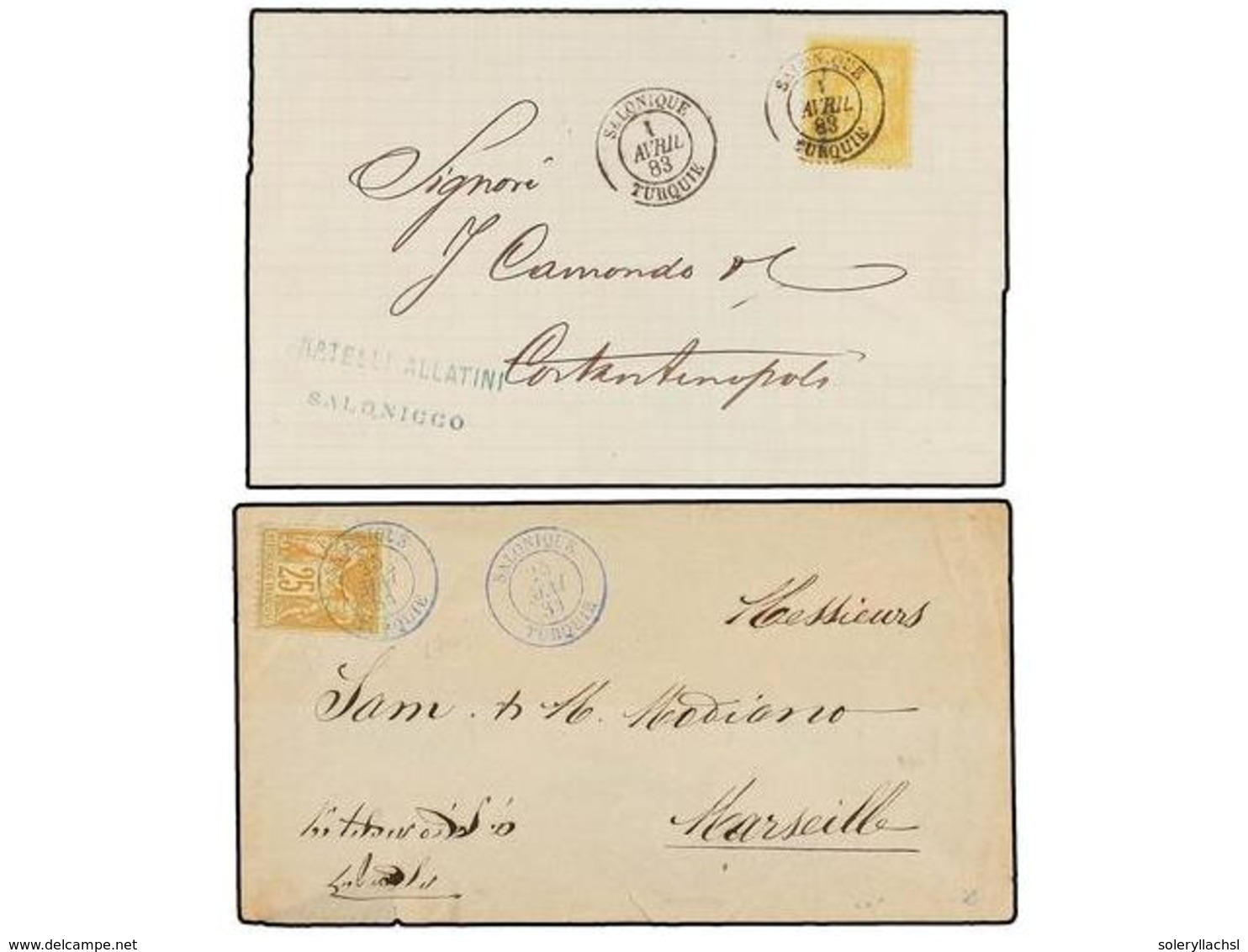 LEVANTE: CORREO FRANCES. 1881. Dos Cartas Circuladas De SALONICA A MARSEILLE Y CONSTANTINOPLA Con Sello De  25 Cts.  Ama - Sonstige & Ohne Zuordnung