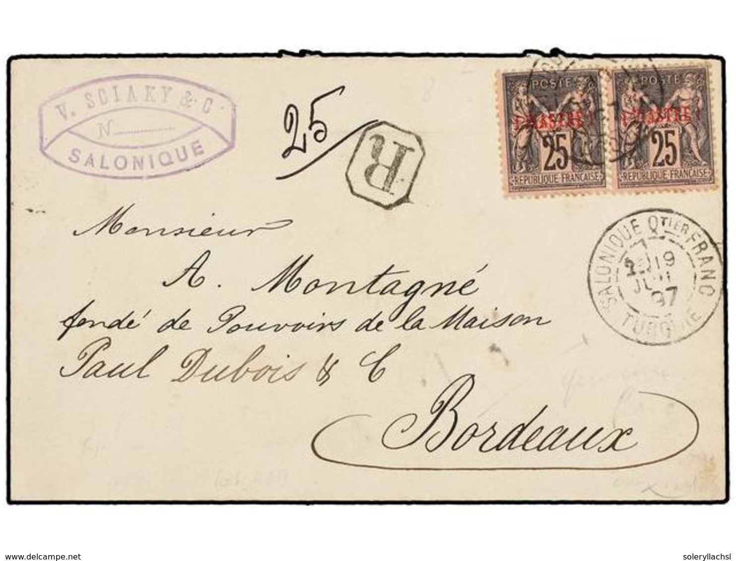 LEVANTE: CORREO FRANCES. 1897. SALONIQUE A FRANCIA.  25 Cts.  Negro S. Rosa (2) Mat.  SALONIQUE QTIER FRANC/TURQUIE.  Ca - Sonstige & Ohne Zuordnung