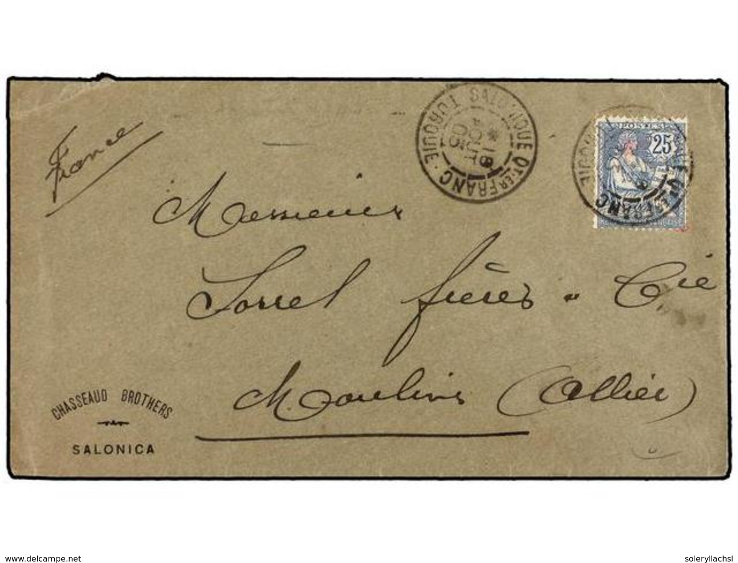 LEVANTE: CORREO FRANCES. 1903. SALONICA A FRANCIA.  25 Cts.  Azul, Mat.  SALONIQUE/QTRE FRANC./TURQUIE.  MUY BONITA. - Andere & Zonder Classificatie