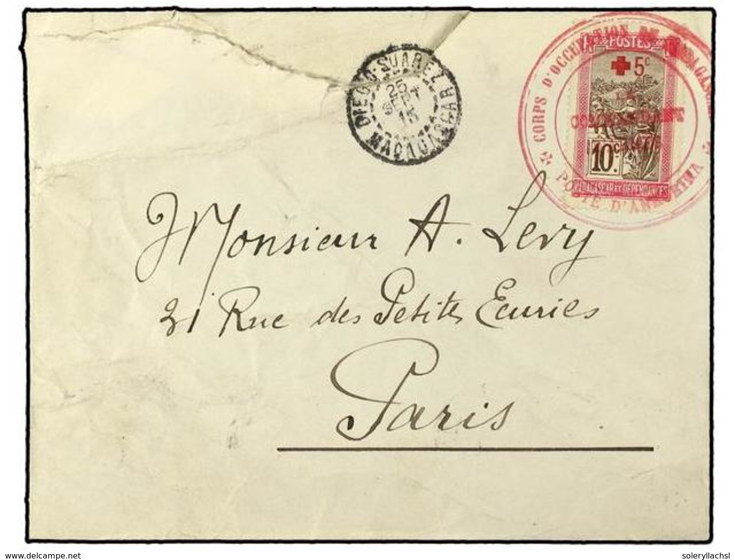 MADAGASCAR. 1915 (Sept 25). Cover To Paris Franked By 1915 Red Cross Charity  5c On 10c  Rose & Brown Tied By Circular   - Sonstige & Ohne Zuordnung