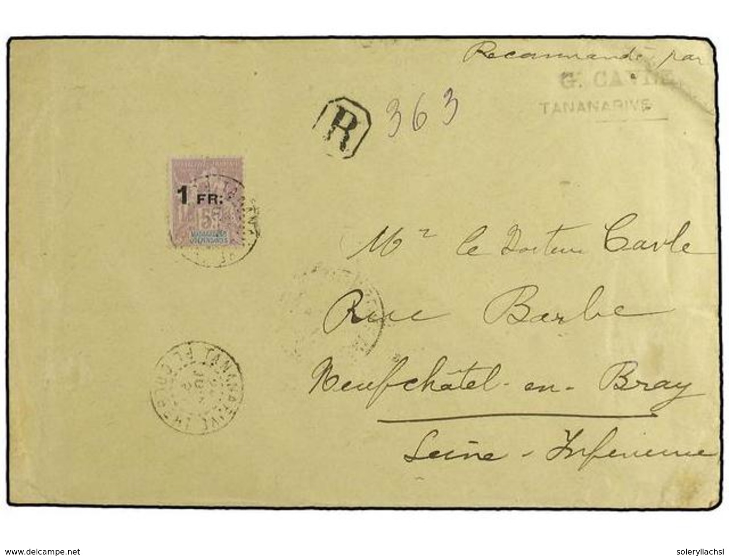 MADAGASCAR. 1921. Registered Envelope To France Bearing  1 Fr On 5 F  Violet (Yvert 123) Tied By  TANANARIVE  Double Rin - Altri & Non Classificati