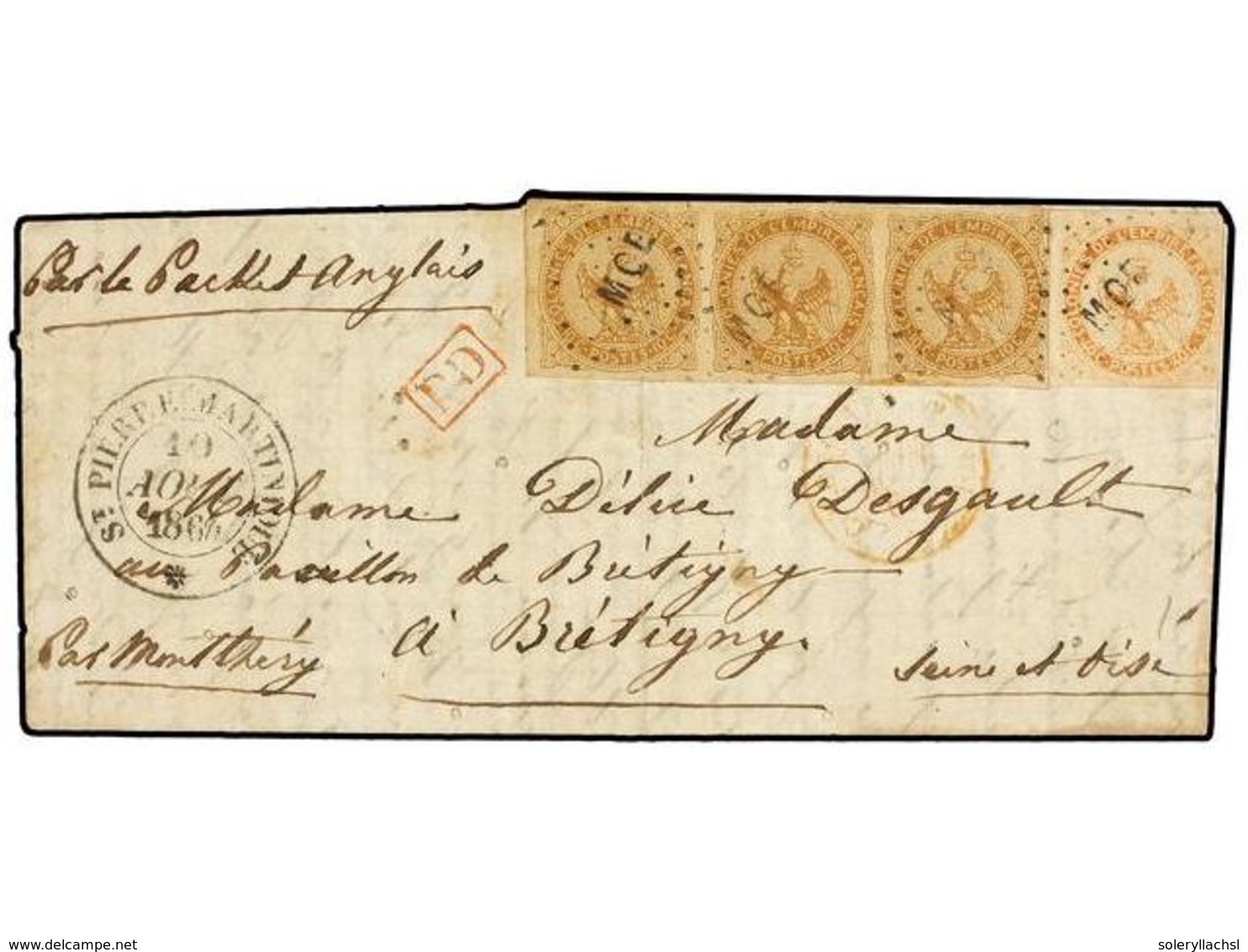 MARTINICA. 1864. ST. PIERRE To FRANCE.  10 Cts.  Bistre Strip Of Three And  40 Cts.  Orange With  MQE  Cancel, Via Briti - Altri & Non Classificati