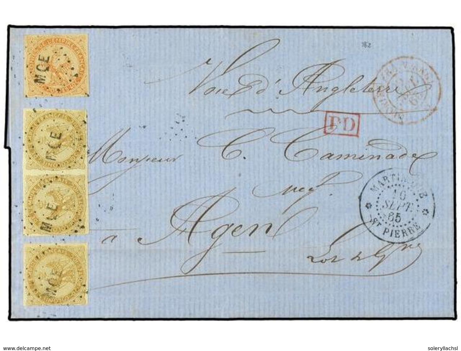 MARTINICA. 1865 (Sept 10). Entire Letter From St. Pierre To Agen Franked By Fine 1859-65  10c  Bistre (3, Including A Pa - Altri & Non Classificati