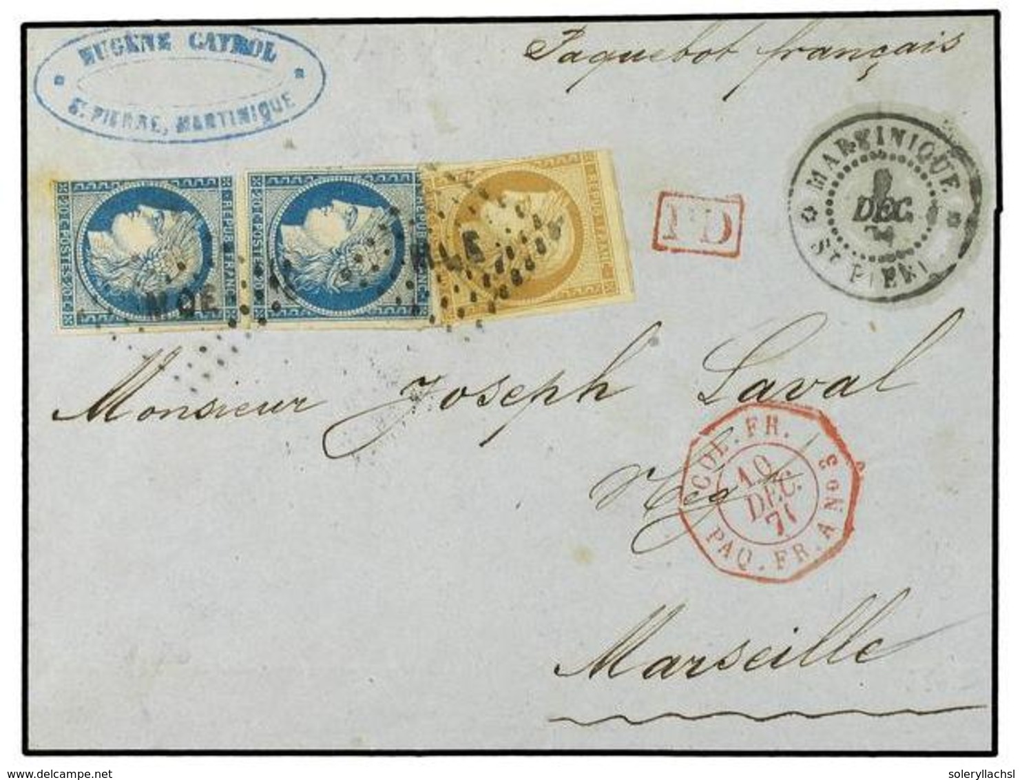 MARTINICA. 1871. ST. PIERRE A FRANCIA. Circulada Con Sellos De Colonias De  10 Cts.  Bistre Y  20 Cts.  Azul (2), Fechad - Altri & Non Classificati