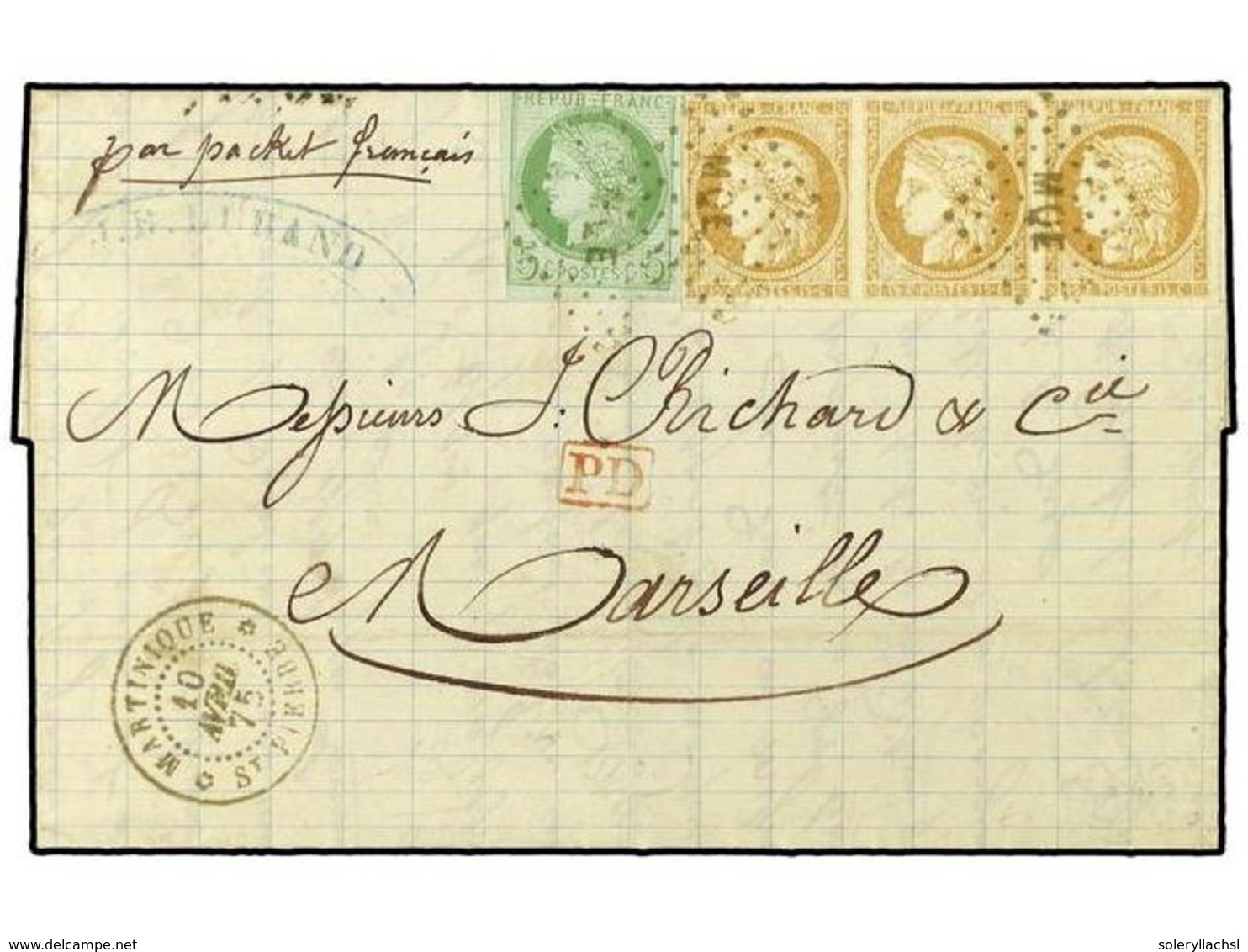 MARTINICA. 1875 (April 10). Entire Letter To Marseille With General Issues 1872-77  5c . Green And Strip Of Three  15c . - Altri & Non Classificati