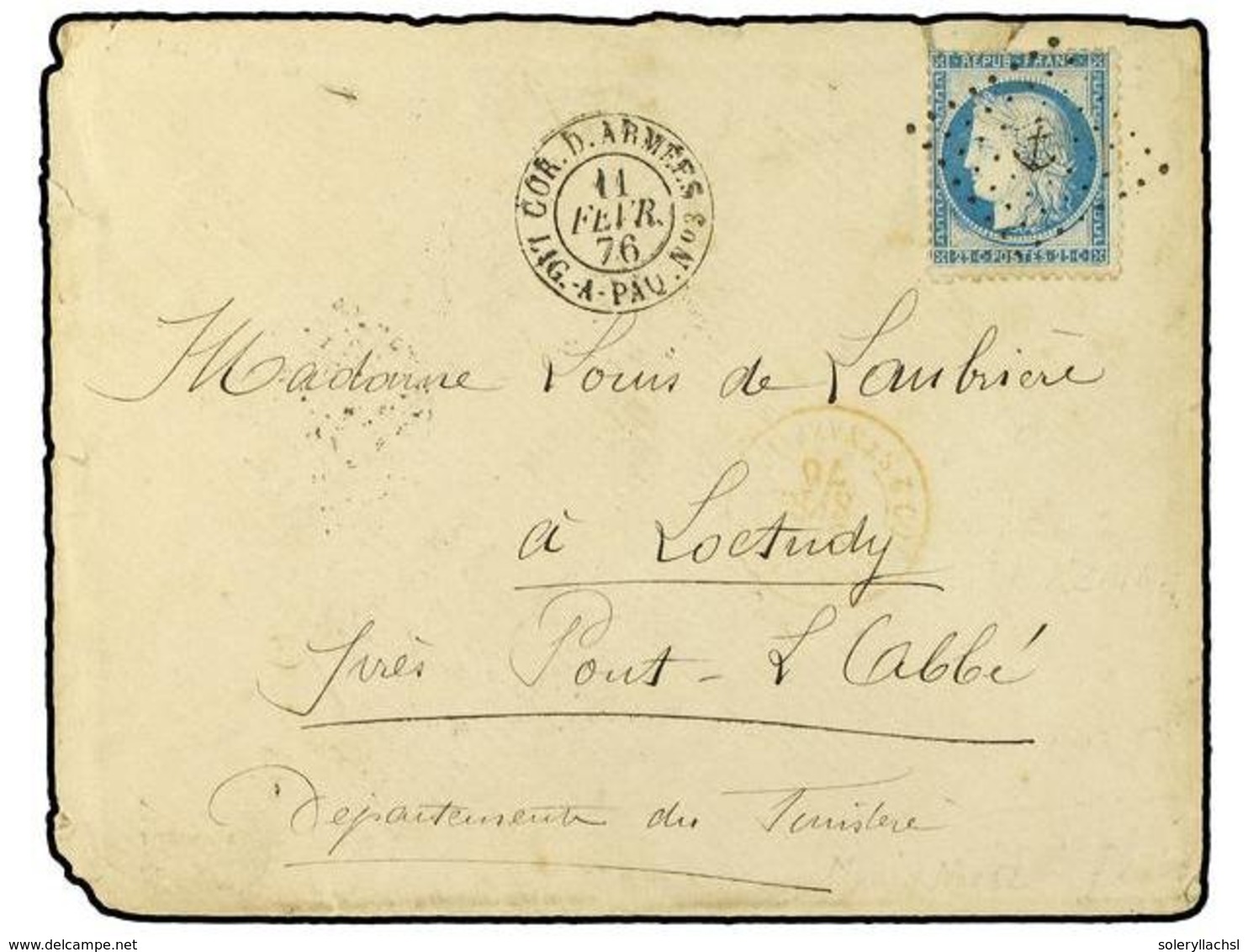 MARTINICA. 1876. FORT DE FRANCE A FRANCIA. Circulada Con Sello Francés De  25 Cts.  Azul, Mat.  ANCLA  Y Fechador Maríti - Autres & Non Classés