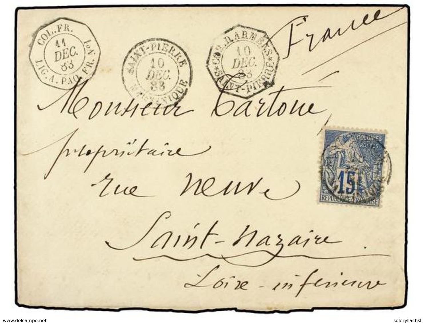 MARTINICA. 1883 (Dec 10). Cover At Military Concession Rate To ST. NAZAIRE Franked By 1881 Dubois  15c.  Blue Tied By  S - Autres & Non Classés
