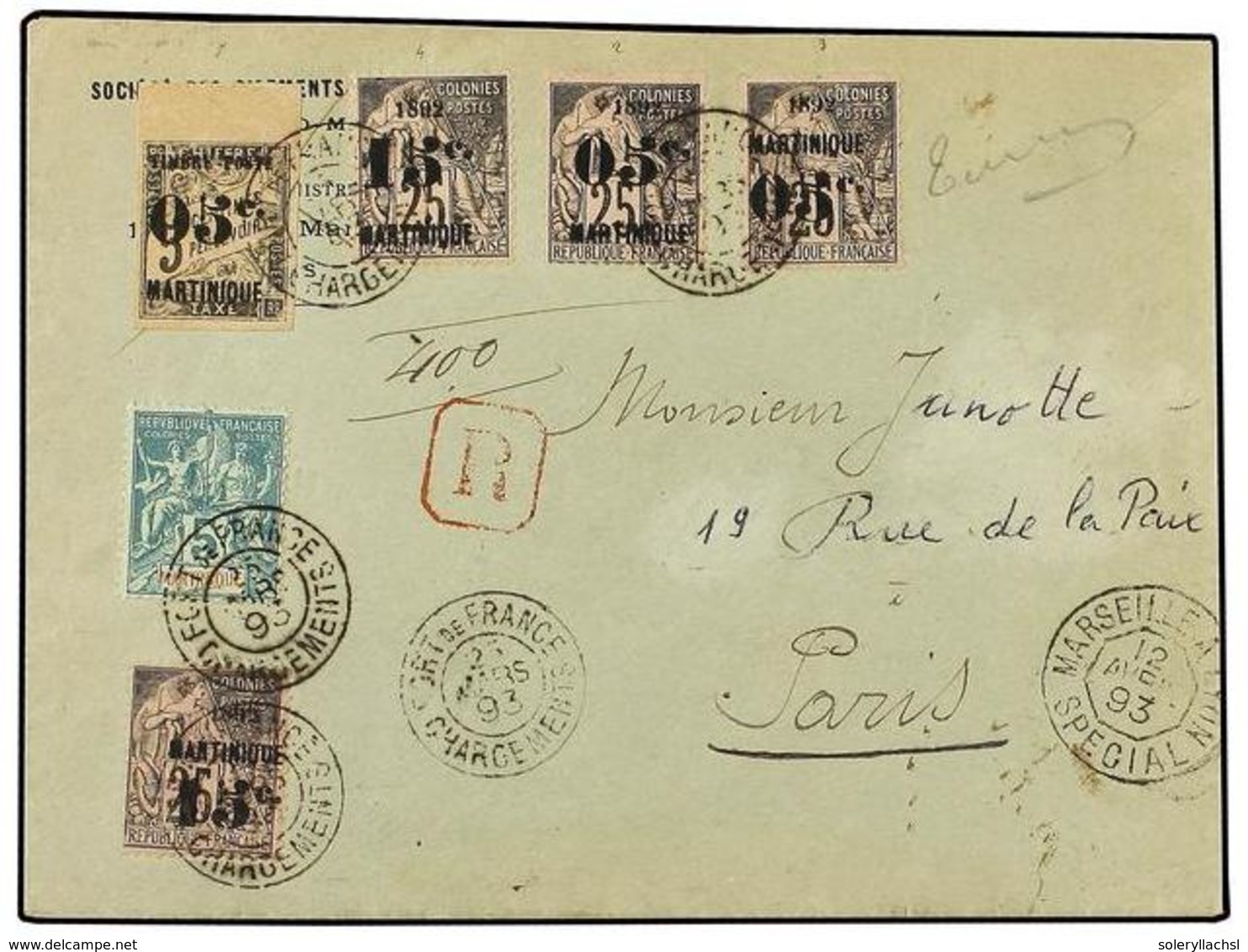 MARTINICA. 1893. Registered Envelope To Paris Franked  5c . 'Sage';  '05c' (2) &  '15c' (2)  On 25c . 'Commerce' +  '05' - Andere & Zonder Classificatie