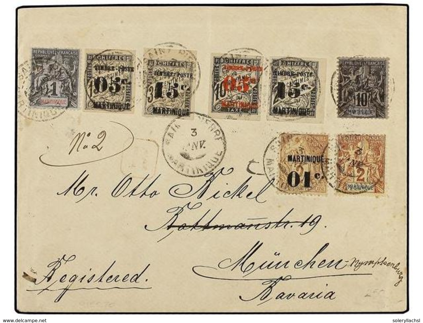 MARTINICA. 1897. Registered Envelope To Munich Franked  1c .,  2c . &  10c.  'Sage';  '01c' On 2c,  Together With Imperf - Autres & Non Classés