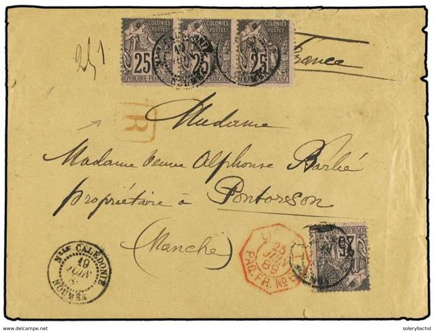 NUEVA CALEDONIA. 1889 (20 June). Triple-rate Cover Registered To Pontorson Bearing 25 C. Black On Rose (single And Strip - Altri & Non Classificati