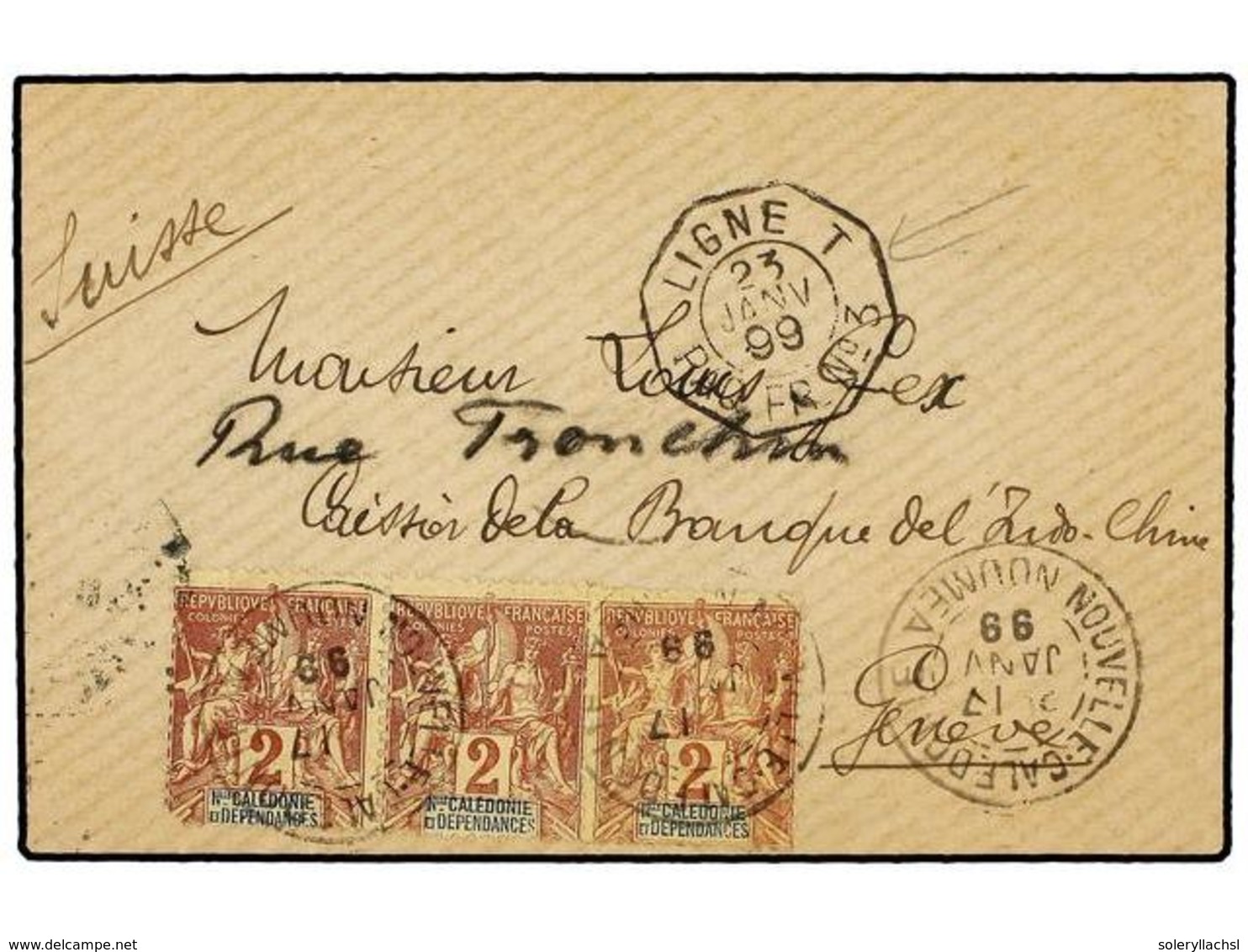 NUEVA CALEDONIA. Ce.42. 1899 (Jan 17). Small Envelope To GENEVA (Switzerland) Franked By 1892  2c.  Buff On Yellow Strip - Altri & Non Classificati