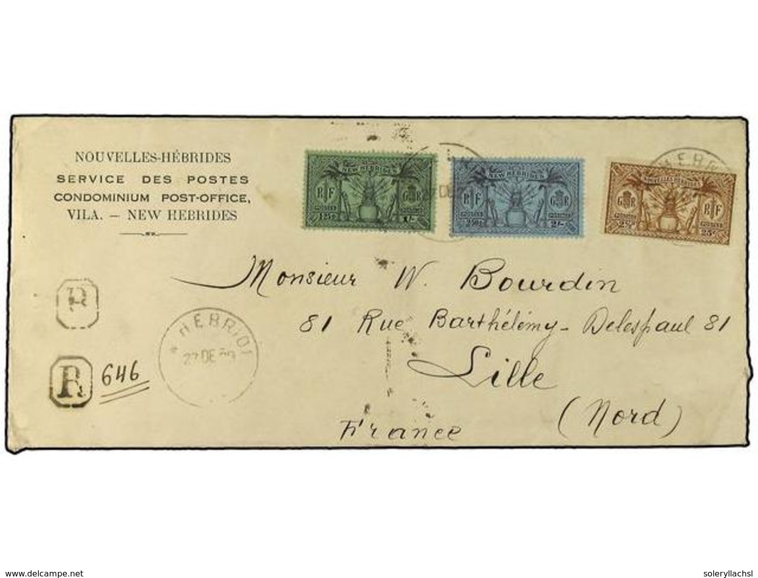 NUEVAS HEBRIDAS. 1929 (Dec 27). Registered Cover From Port Vila To Lille, France Franked By French New Hebrides  25c . A - Andere & Zonder Classificatie