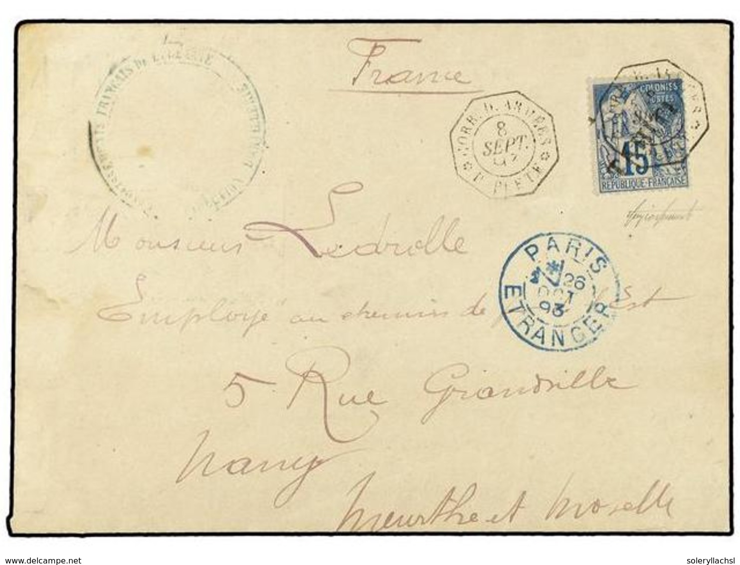 TAHITI. 1893 (Sept 8). Cover To Nancy At Concessionary Soldier's Rate, Franked By Diagonally Surcharged (reading Up To R - Andere & Zonder Classificatie