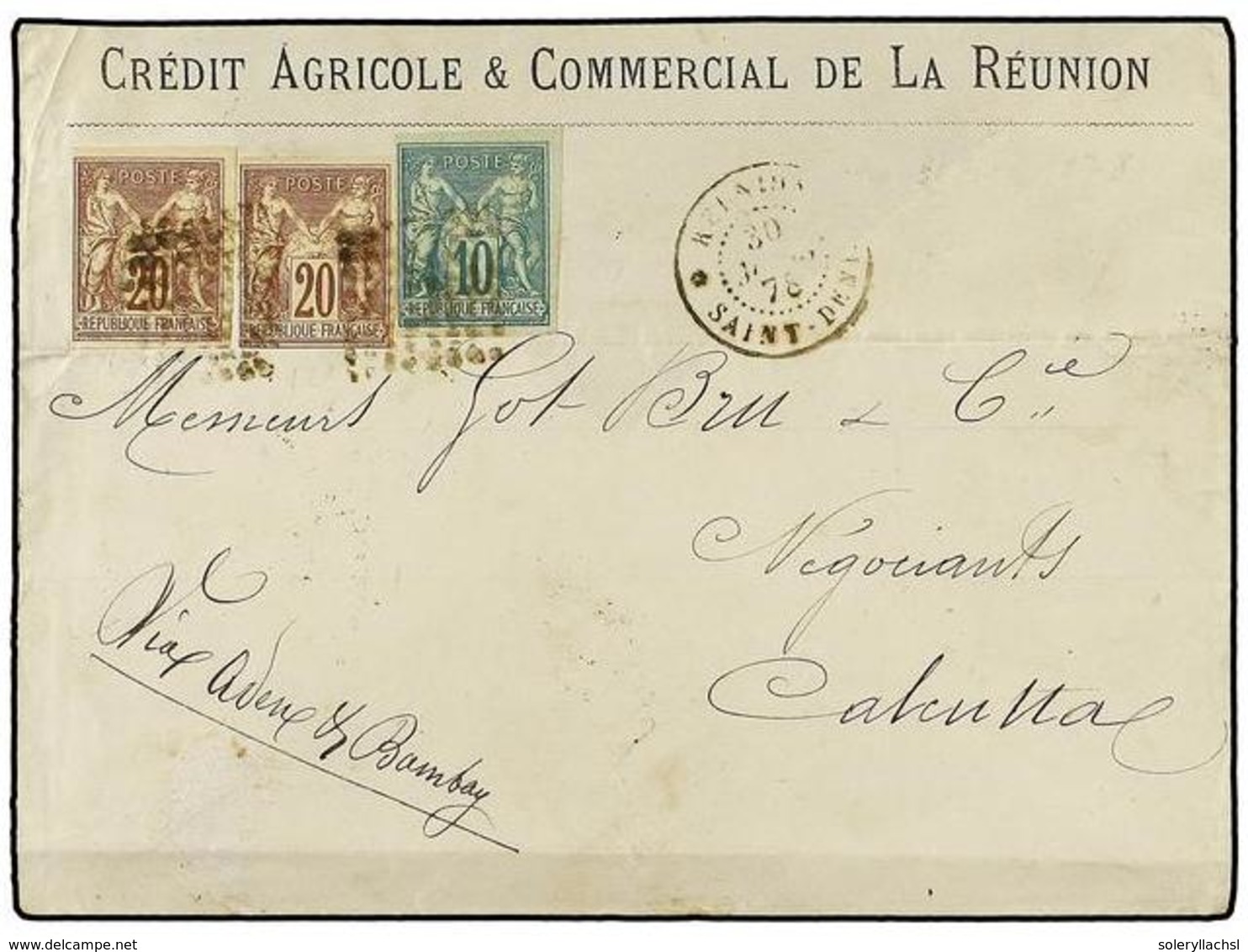 MAURICIO. Ce.32+34. 1876 (Nov 30). Cover To CALCUTTA 'via Aden And Bombay' Franked By General Issues Type Sage 1877-79   - Autres & Non Classés