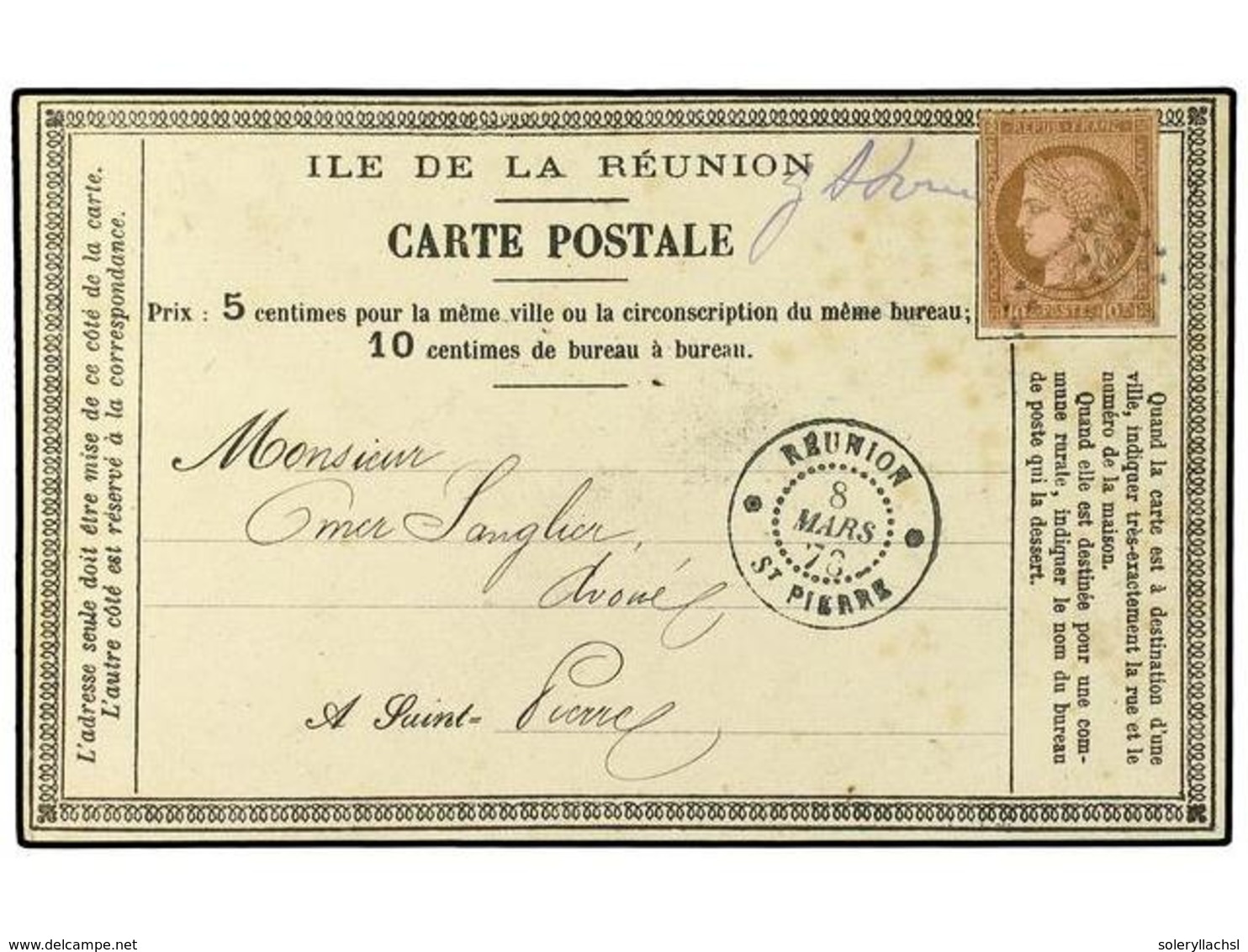 REUNION. 1878 (March 8). Formula Card In Black On Thick White Stock Franked By General Issues 1871  10 C.  Brown On Lave - Autres & Non Classés