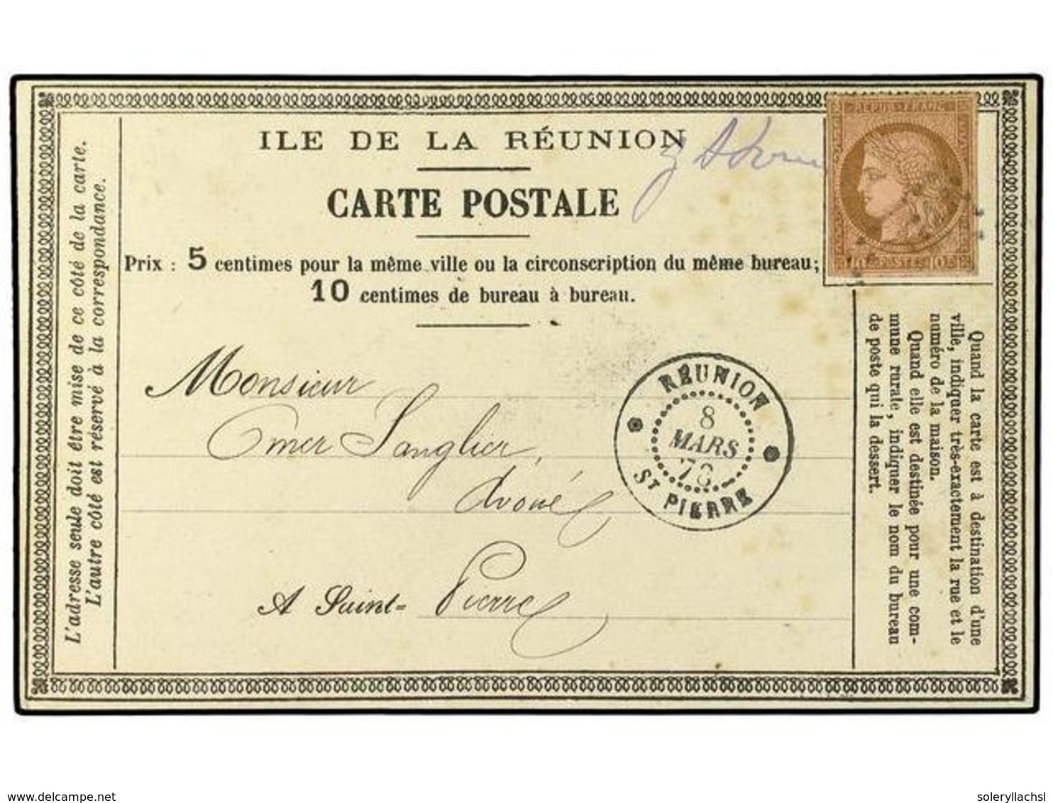 REUNION. 1878 (March 8). Formula Card In Black On Thick White Stock Franked By General Issues 1871  10 C.  Brown On Lave - Sonstige & Ohne Zuordnung