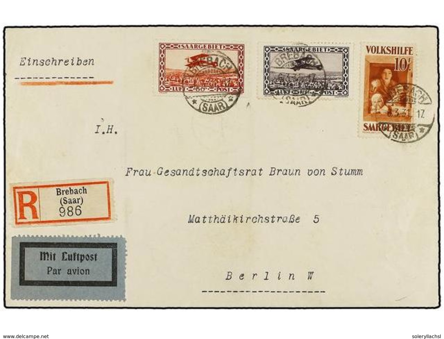 SARRE. Mi.150, 158/59. 1931. BREBACH To BERLIN . 50 Cts., 1,50 Fr.  And  10 Fr.  RARE Franking. Arrival Cds. On Back. - Autres & Non Classés