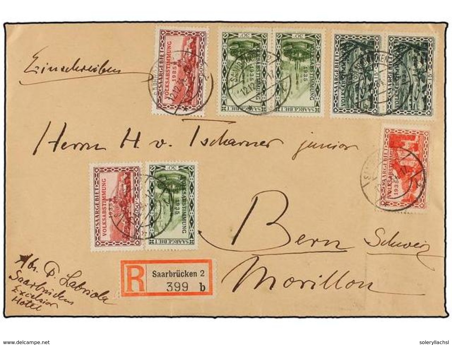 SARRE. 1934. SAAR A SUIZA. Carta Certificada, Precioso Franqueo. - Andere & Zonder Classificatie