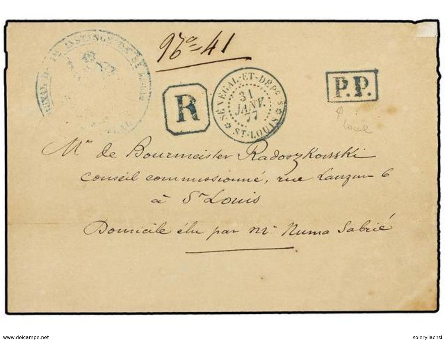 SENEGAL. 1877 (Jan 31). Stampless Registered Cover To ST. LOUIS, Struck With Fine Framed  'P.P.'  (rare), Octagonal Fram - Sonstige & Ohne Zuordnung