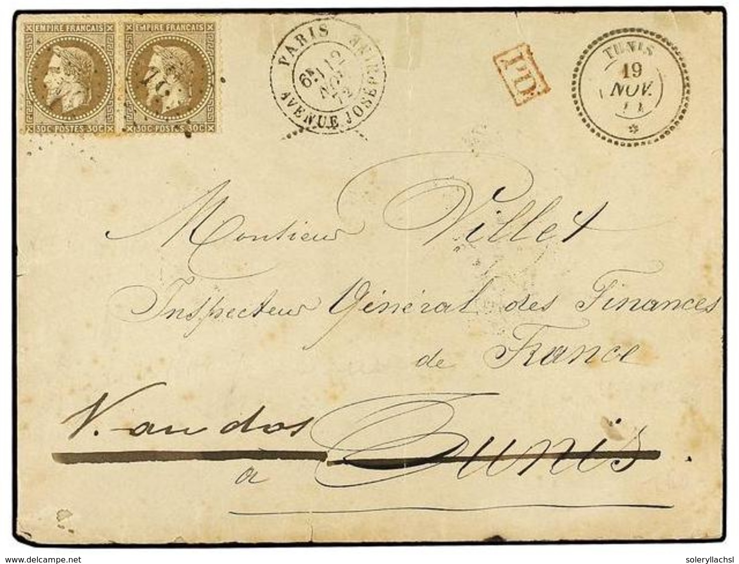 TUNEZ. Ce.30. 1872 (Nov. 12). Cover To TUNIS, Readdressed On Arrival, Franked By Laureated 1863-67  30c.  Brown Pair Tie - Autres & Non Classés