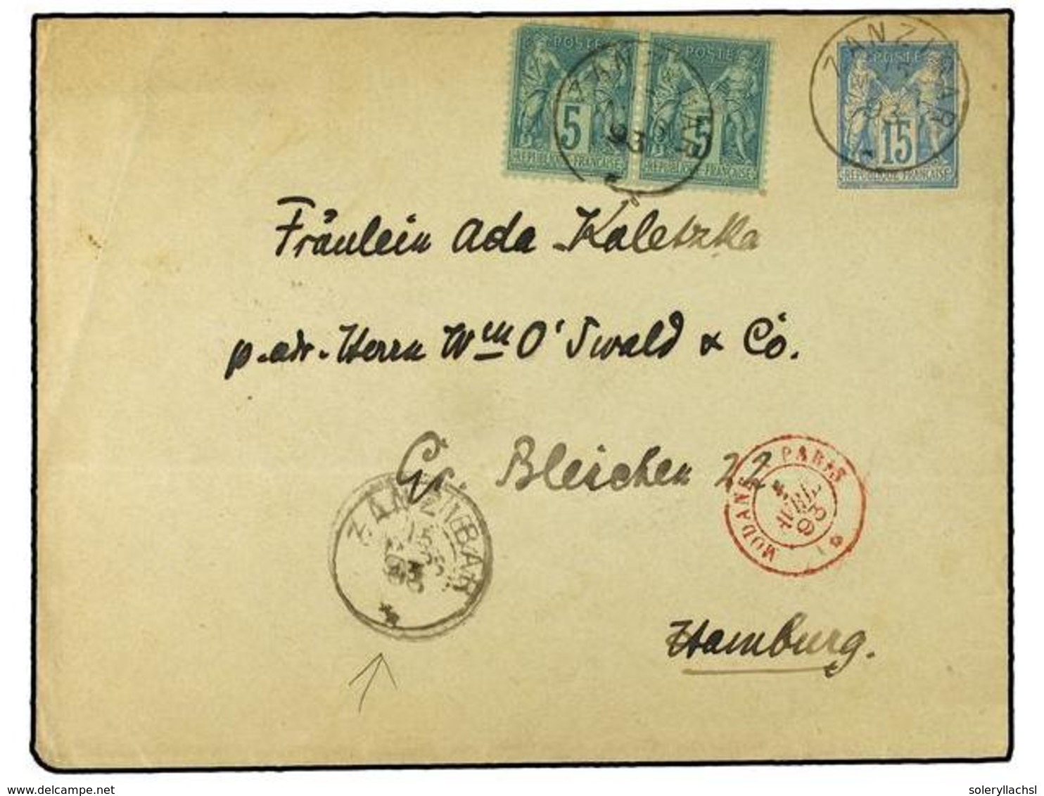 ZANZIBAR. 1893.  15c.  'Sage' Postal Stationery Envelope Of France Uprated Pair  5c ., Cancelled Cds And Addressed To Ha - Altri & Non Classificati