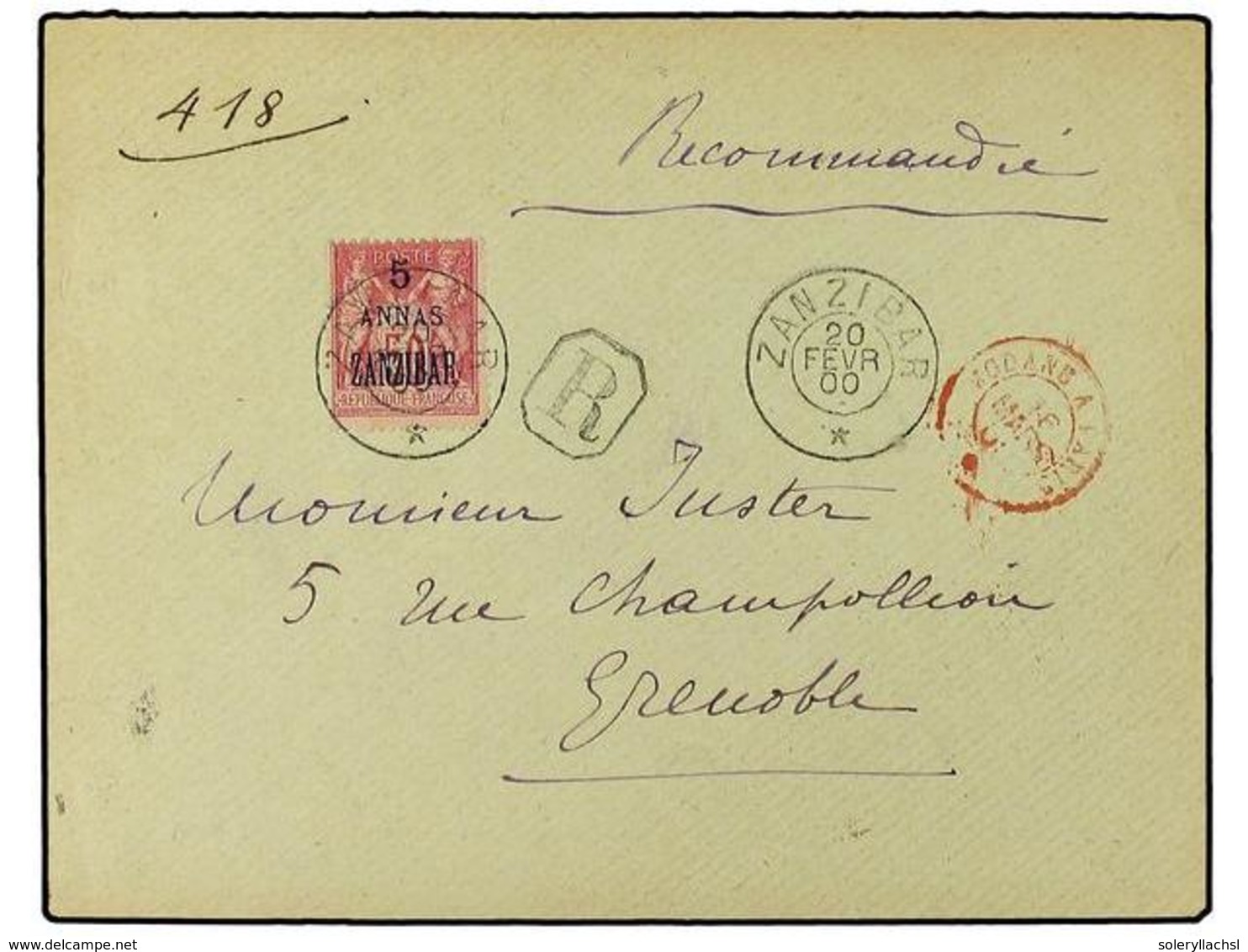 ZANZIBAR. 1900. Registered Envelope To Grenoble Franked  '5 Annas'   On   50c.  'Sage' Cancelled Cds. Obverse Also Bears - Autres & Non Classés