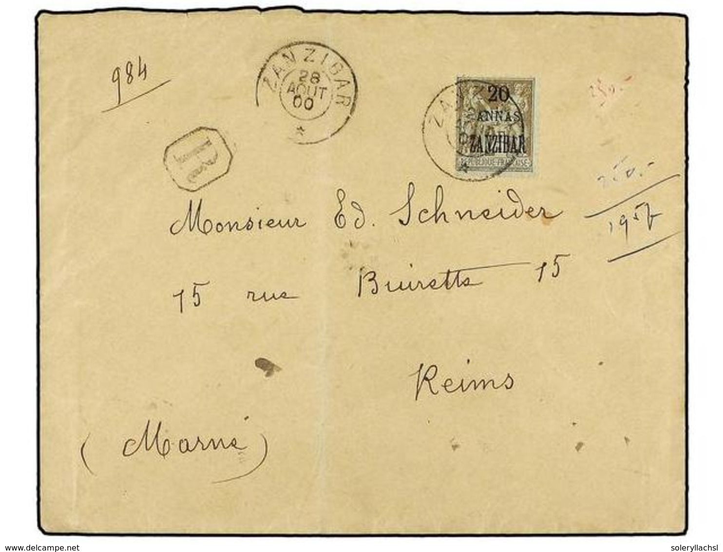 ZANZIBAR. Ce.30. 1900 (Aug 28). Registered Cover To REIMS Franked By 1896  20a. On 2fr.  Blistre On Azure Tied By  ZANZI - Autres & Non Classés