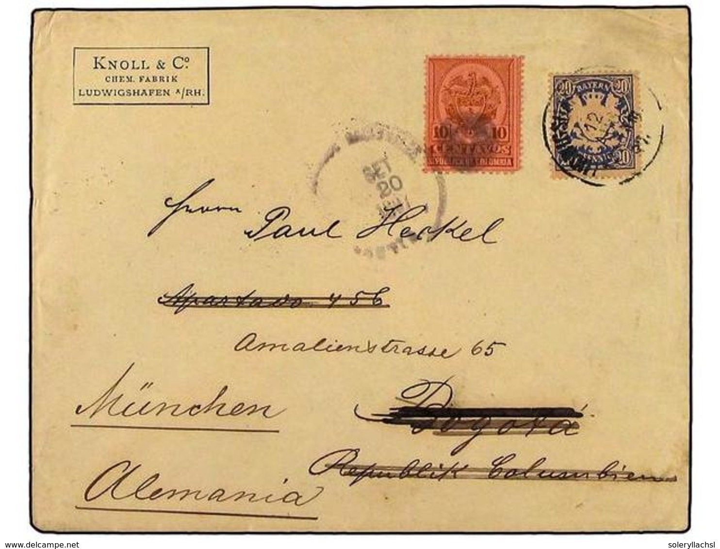 COLOMBIA. 1897. Cover To BOGOTA Franked By Single 1888  20 Pf.  Ultramarine Tied By  LUDWIGSHAFEN  Despatch Cds, Readdre - Other & Unclassified