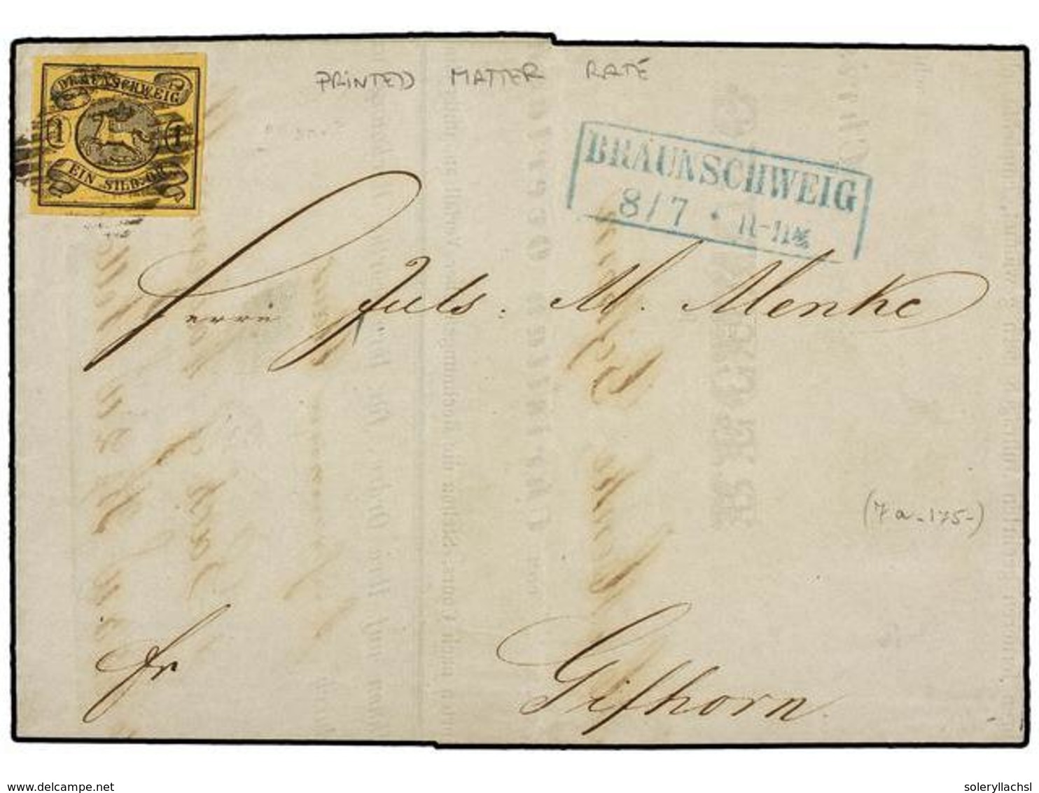 ALEMANIA ANTIGUOS ESTADOS: BRUNSWICK. Mi.6. 1857. Printed Matter Entire Letter To GIFHORN Franked By 1857  1sgr.  Black  - Sonstige & Ohne Zuordnung