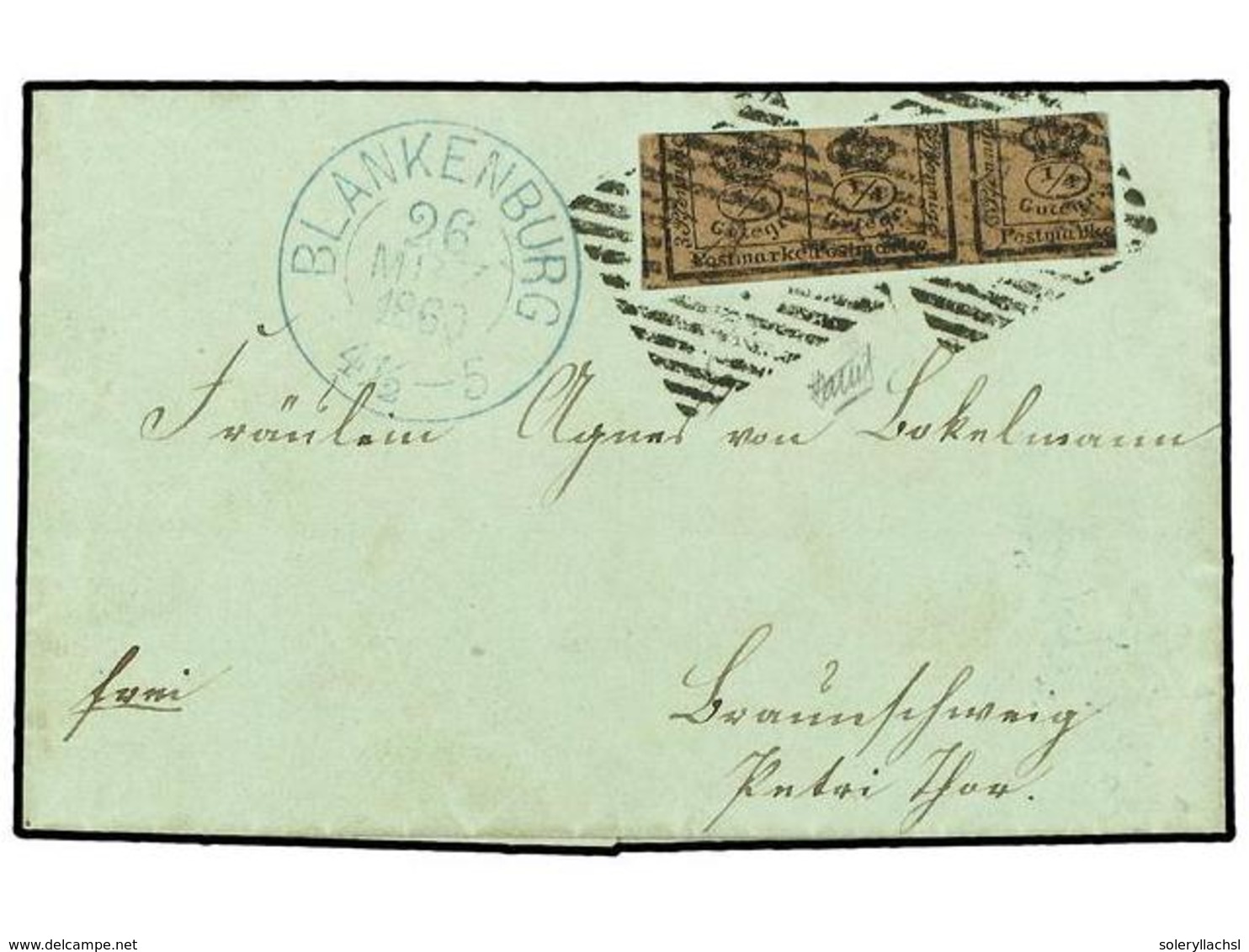 ALEMANIA ANTIGUOS ESTADOS: BRUNSWICK. 1860 (March 26). Cover From BLAKENBURG Franked By Imperforate 1857  ¼ggr.  Black O - Altri & Non Classificati