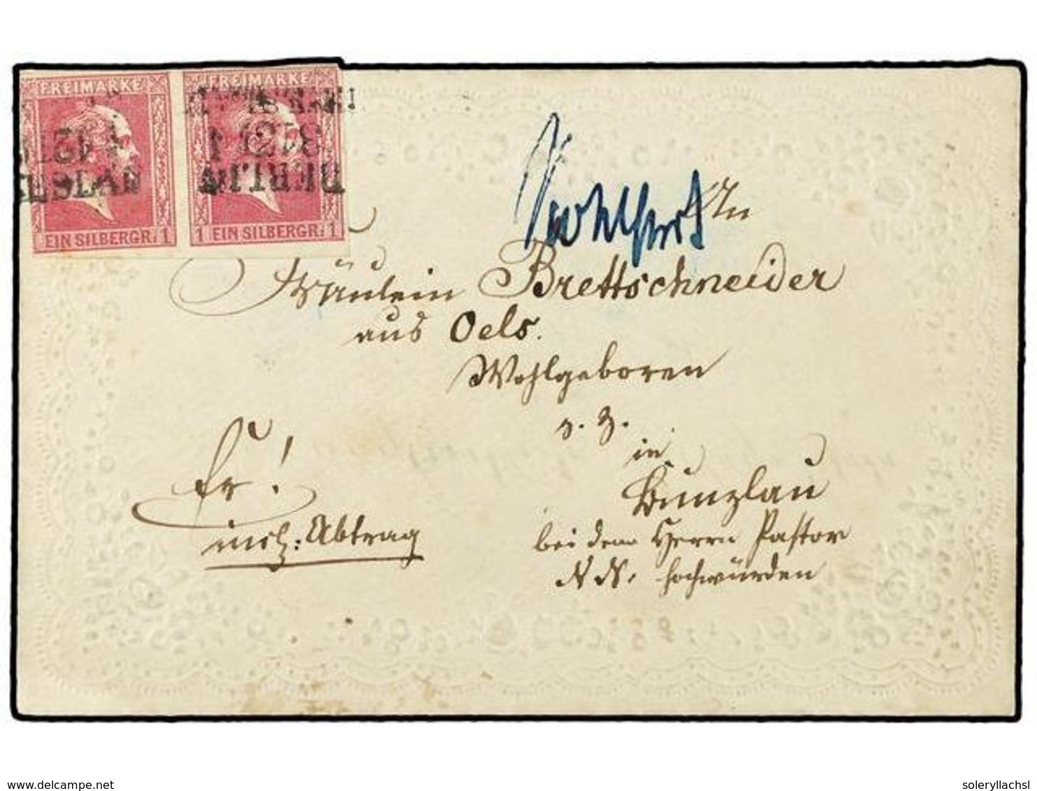 ALEMANIA ANTIGUOS ESTADOS: PRUSIA. (1860 CA.). Wonderful Embossed Ladies' Envelope Franked By Horizontal Pair Of 1858-60 - Altri & Non Classificati