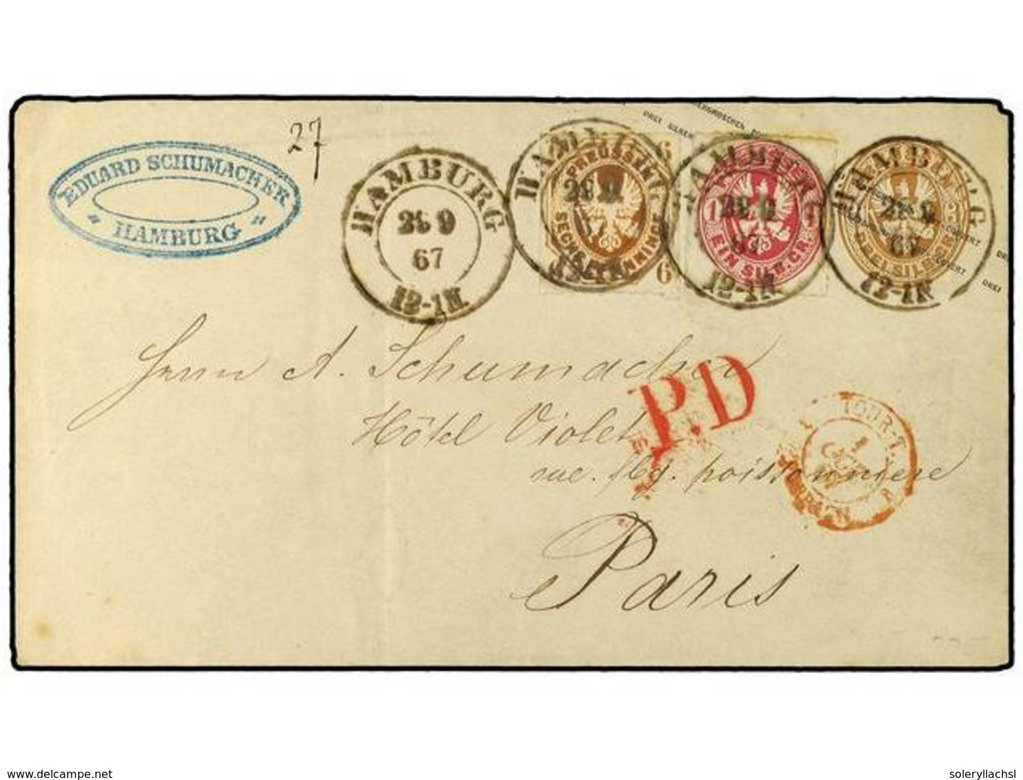 ALEMANIA ANTIGUOS ESTADOS: PRUSIA. 1867.  3 Sgr.  Pale Brown Stationery Envelope From Hamburg To Paris, Up-rated With Ro - Autres & Non Classés
