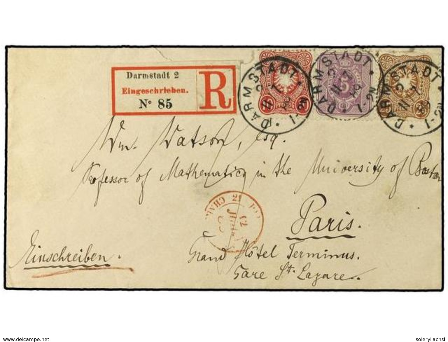 ALEMANIA. 1889. Registered Envelope To France Bearing  5 Pf  Purple (SG 40),  10 Pf  Rose (SG 41) And  25 Pf  Brown (SG  - Autres & Non Classés