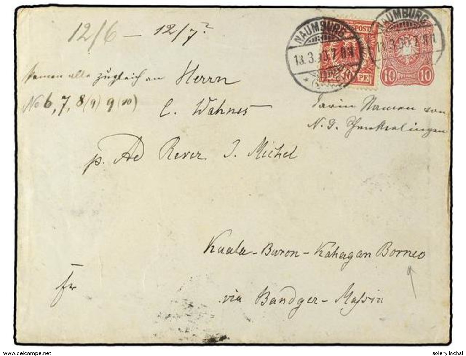 ALEMANIA. 1890 (March 18).  10 Pf.  Red On Blue Postal Stationery Envelope (146x113mm) Up-rated With 1889  10 Pf.  Carmi - Autres & Non Classés