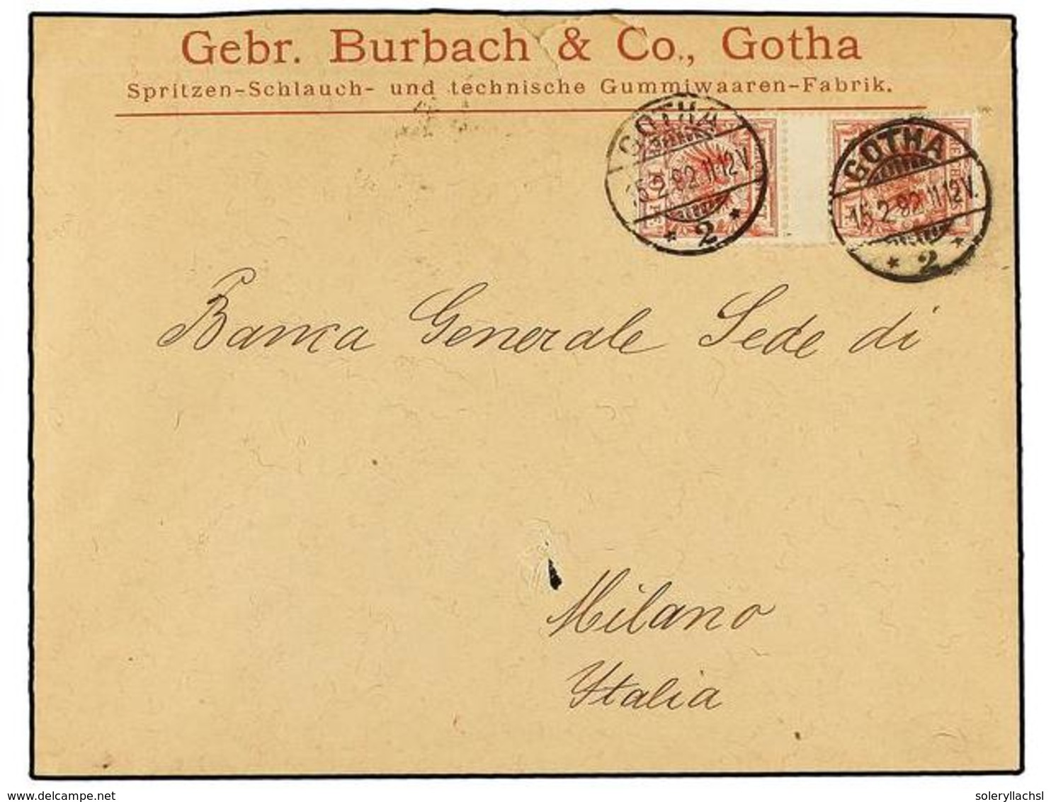 ALEMANIA. Mi.47 (2). 1892. GOTHA To ITALY. Envelope With  10 Pf.  Rose Pair With  INTERPANEL.  Rare On Cover. - Autres & Non Classés