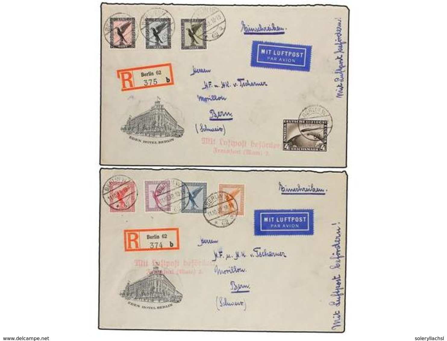ALEMANIA. Mi.378/84 + 424. 1932. BERLÍN To SWITZERLAND. Complete Set More  1 RM  Zeppelin Post On Two Covers, Arrival On - Andere & Zonder Classificatie